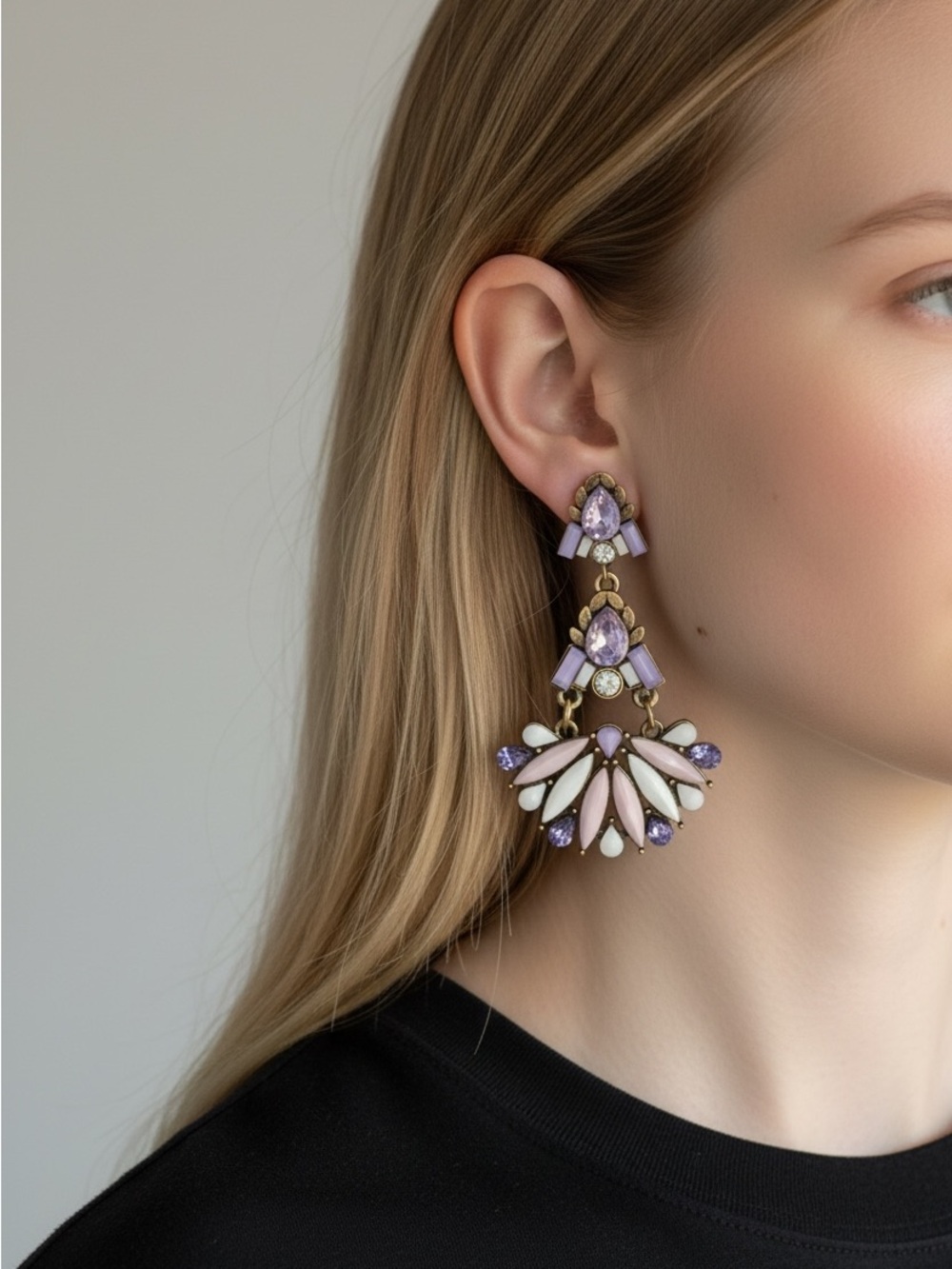 10/9 Elegant Lavender and White Statement Drop Earrings by